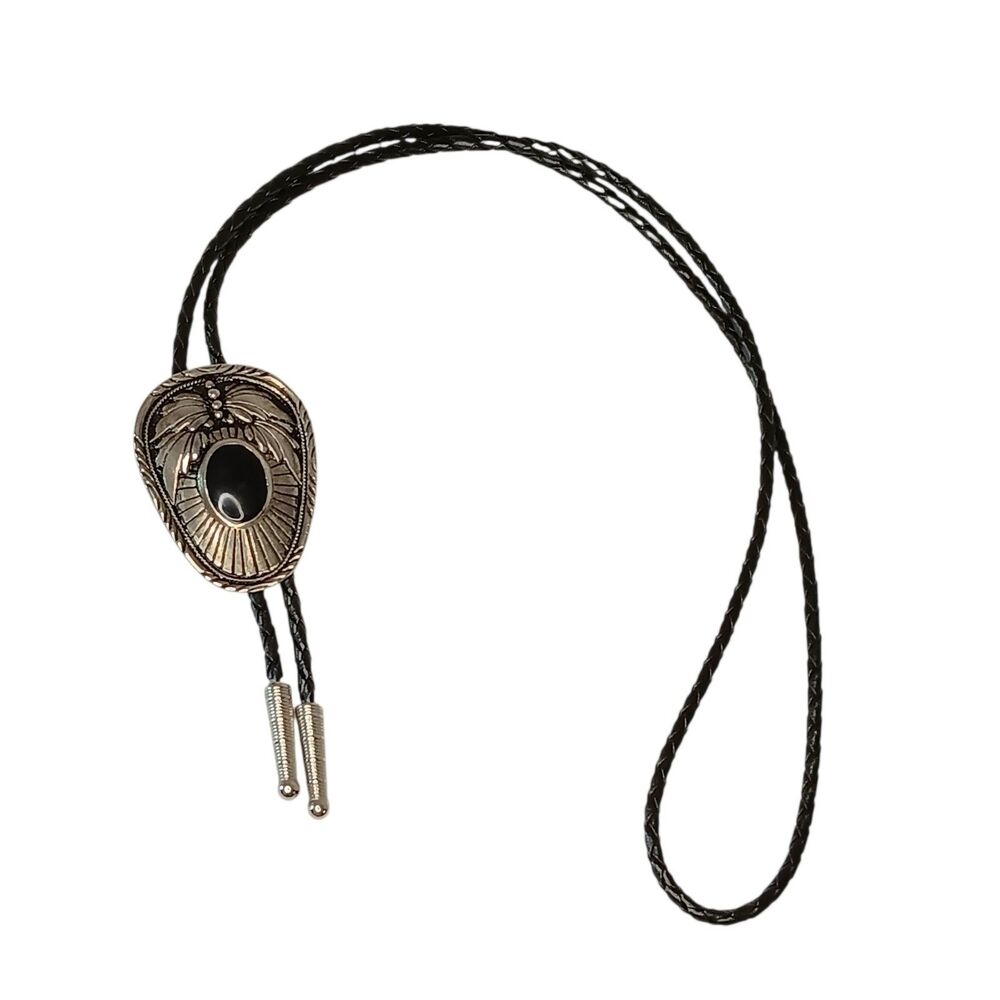 Bolo Tie Silvertone & Black Oval With Feather Southwest Design